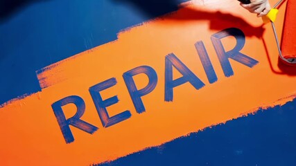 Paint Roller Revealing Word REPAIR As Hand Paints Orange Over Blue Surface. Concept Of Renovation Services, Home Improvement Advertising, Creative Promo Design And Visual Metaphor For Fixing Problems