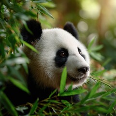 Obraz premium Adorable giant panda cub peeking through lush green bamboo leaves
