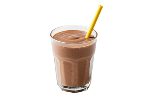 Delicious chocolate smoothie with yellow straw inside