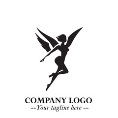 Elegant Black Angel Woman Silhouette Logo Symbol on White Background