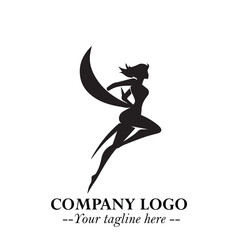 Elegant Black Angel Woman Silhouette Logo Symbol on White Background