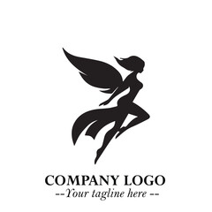 Elegant Black Angel Woman Silhouette Logo Symbol on White Background