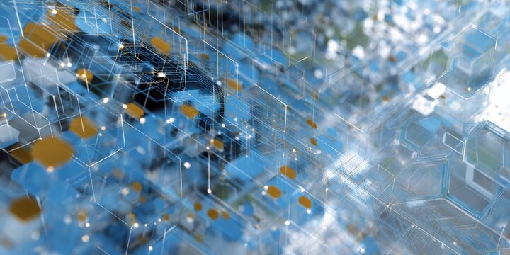Abstract geometric network with blue and gold hexagons and light effects