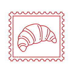 Red line art of a croissant inside a postage stamp, perfect for bakery or cafe designs, vector illustration, stamp design