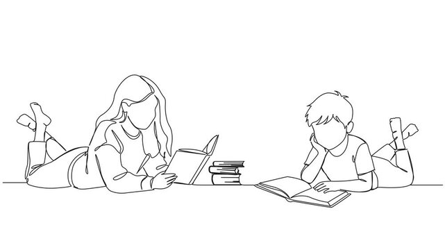 animated continuous line drawing of young boy and girl on floor reading books, line art animation