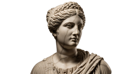 Marble bust of a classical roman woman with intricate hairstyle and draped clothing isolated on a black background with subtle lighting highlighting facial features and textured stone details