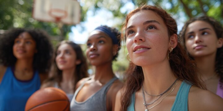 Diverse young females enjoy outdoor basketball in sunny park