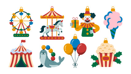 Carnival Delights: A vibrant array of festive carnival icons, including a ferris wheel, carousel, clown, balloons, circus tent, seal, popcorn and cotton candy.