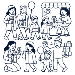 Isolated layered lineart outline illustration of family shopping outdoor market with happy