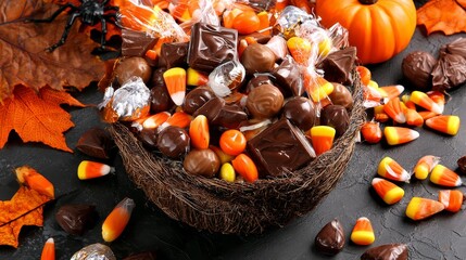 Halloween candy bowl filled with chocolates and lollipops on rustic autumn table for festive holiday vibe
