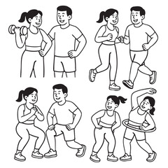 Isolated separated layered lineart outline fitness couple exercising together various workout