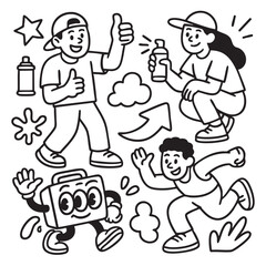 Isolated separated layered lineart outline of happy people and cartoon object with spray
