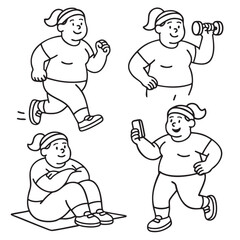 Isolated separated layered lineart outline of woman exercising jogging lifting dumbbell sitting