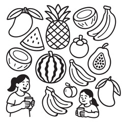 Isolated separated layered lineart outline tropical fruit and girl holding drink illustration