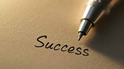 A close-up shot featuring the word "Success" handwritten on textured paper, accompanied by a sleek pen poised nearby, symbolizing aspiration and achievement.