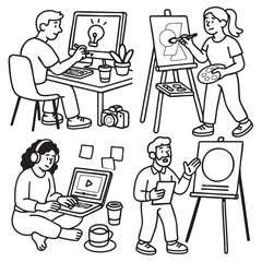Isolated separated layered lineart outline of creative people working art and design projects