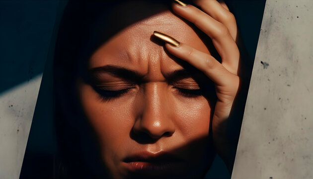 Close-up of a furrowed brow with highly detailed skin texture, capturing a strong emotional expression and intense human mood.