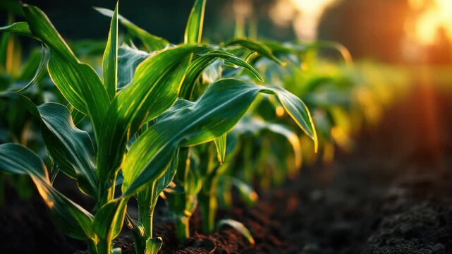 Lush corn stalks bask in golden light, rows extending to the horizon, capturing a serene scene