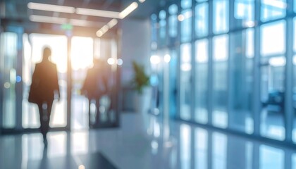 People walking through a modern office lobby at sunrise reflects business mobility, corporate culture trends, remote work evolution, and the constant movement shaping global professional environments