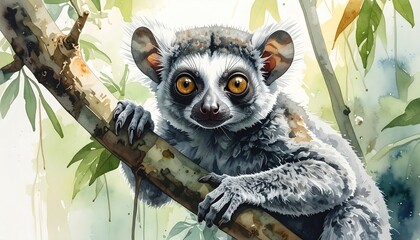 Naklejka premium Curious lemur perched in a forest highlights biodiversity awareness, wildlife protection messages, ecotourism potential, and global interest in preserving tropical ecosystems and rare species