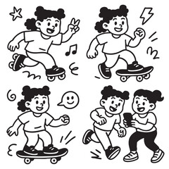 Isolated layered lineart outline of happy children separated while skateboarding and using