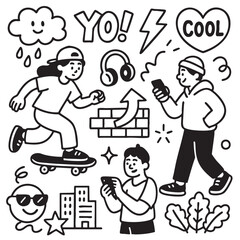 Isolated separated layered lineart outline of young people with skateboard headphones and phone