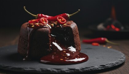 Rich chocolate lava cake topped with chili peppers represents adventurous cuisine trends, fusion desserts, bold flavor exploration, and rising interest in gourmet food innovation