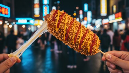A Korean street food cheese corn dog stretched in a lively night market scene, representing global street food trends and youthful culinary adventures in modern urban nightlife