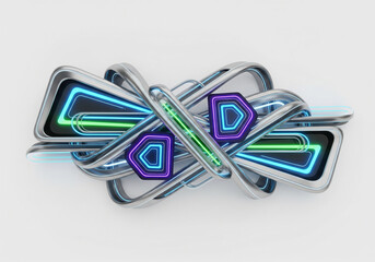 Futuristic Geometric Abstract Pattern with Overlapping Shapes, Neon Glowing Accents, and Clean Futuristic Background