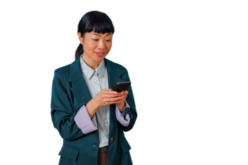 Asian businesswoman smiling and texting on smartphone, communicating, networking, remote work, transparent background