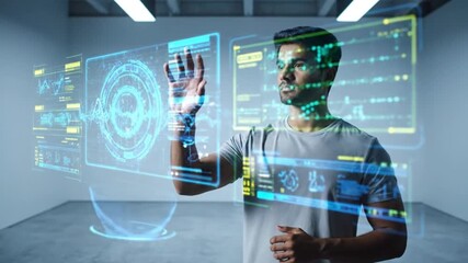 A man interacts with an advanced holographic user interface in a futuristic room