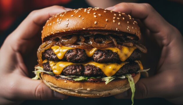 Hands holding a gourmet double cheeseburger with caramelized onions, symbolizing indulgent comfort food trends and the energetic atmosphere of fast-food culture in modern lifestyle