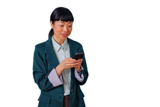 Asian businesswoman smiling and texting on smartphone, communicating, networking, remote work, transparent background