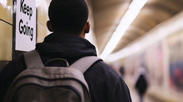 A young man stands in a subway station, his back to the camera, a backpack slung over his shoulder. A sign reads, "Keep Going", symbolizing perseverance and urban life.
