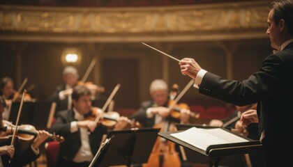 An orchestra conductor leading musicians in a grand concert hall expressing harmony discipline and shared artistic purpose while capturing the elegance and emotion of classical performance