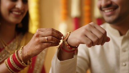 A sister tying a rakhi on her brother wrist during Raksha Bandhan reflecting love tradition and familial bonds within a warm festive Indian celebration