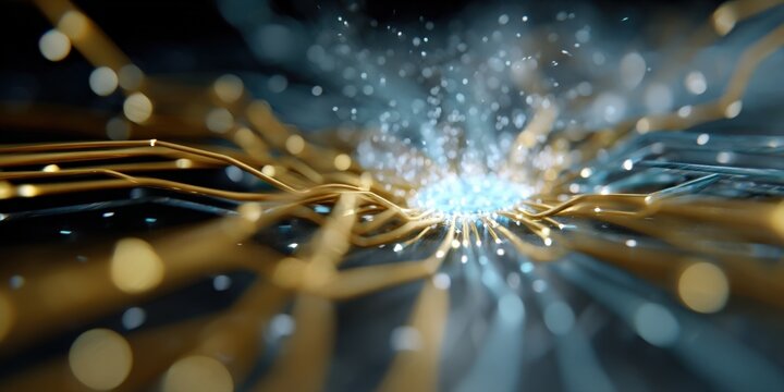 Abstract energy flow with dynamic gold and blue lines