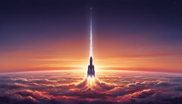 A rocket ascending through glowing clouds at dawn symbolizing ambition progress exploration and the ongoing pursuit of human innovation in science and space travel