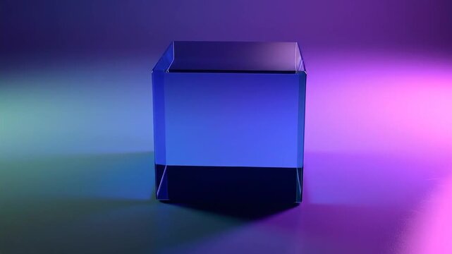 A perfectly-formed cube casts a shadow amidst a colorful gradient of purples, blues, and turquoise hues