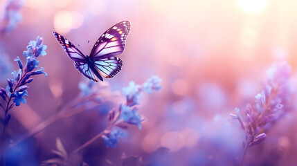 Butterfly on blurred flowers shows soft bokeh. Ideal for nature posters, greeting cards, or magical branding.