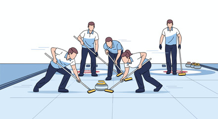 Obraz premium Curling team working together to slide stone on ice rink 