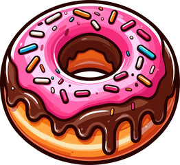 Cartoon Donut Vector Illustration – Pink Frosted Doughnut with Chocolate Glaze and Colorful Sprinkles