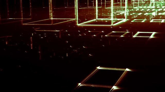 Leuchtende gitterf&ouml;rmige Geometrie f&uuml;r Technologie, Energie, Produktion & Datentransfer &ndash; moderne Architektur, Planung & Sicherheit visualisiert, gr&uuml;n, gelb
