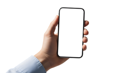 Hand holding a smartphone with blank screen isolated on transparent background