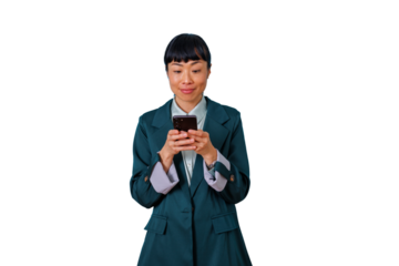 Asian businesswoman wearing a green coat, using smartphone, texting, communicating, and connecting on transparent background