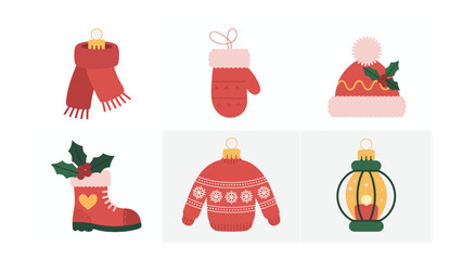 Cozy Holiday Ornaments: A charming array of festive ornaments including a scarf, mitten, hat, boot, sweater, and lantern, each adorned with seasonal details, set against a soft background.