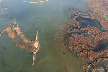 Aerial view of a drying wetland area showing the effects of drought near Izmir, Turkey