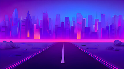 Neon Desert Highway Toward Futuristic Skyline