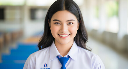 A student in a light purple uniform stands in a hallway, wearing a shirt with Thai script and emblem.