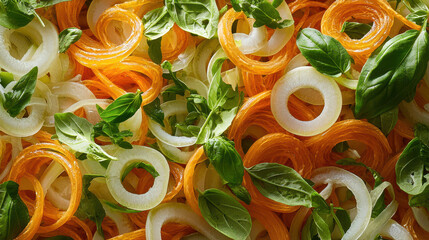 Vibrant spiralized vegetables with fresh basil create colorful and appetizing dish. combination of textures and colors evokes sense of freshness